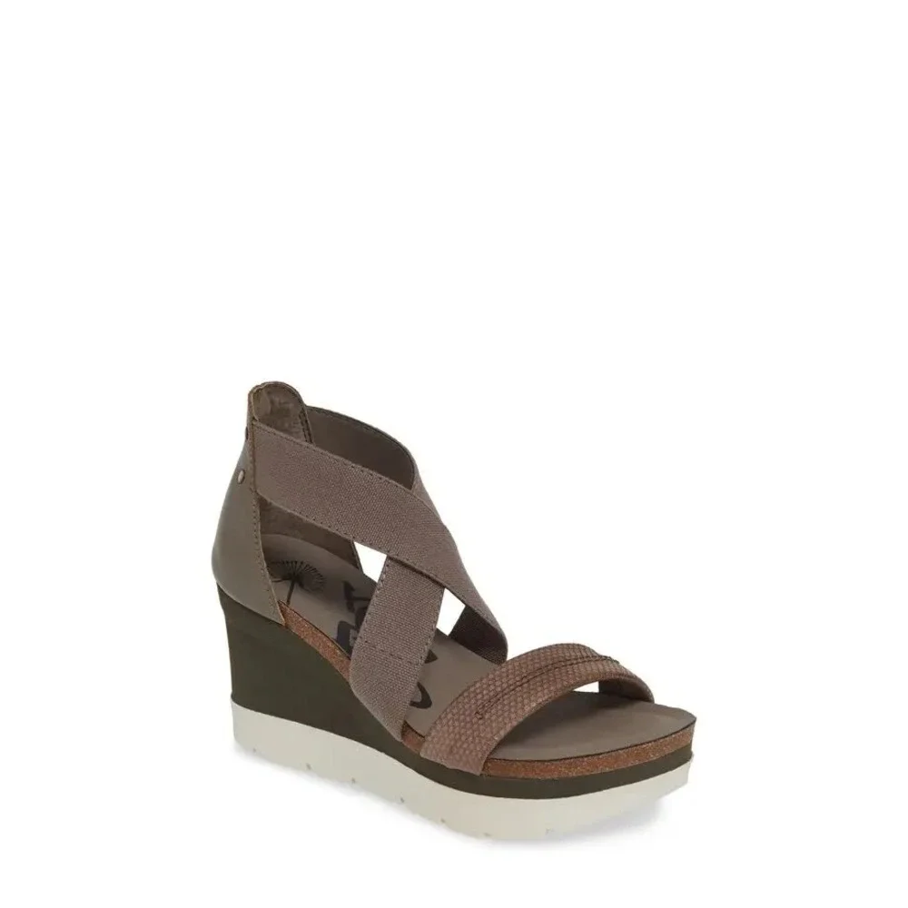 OTBT Half Moon Taupe Leather Elastic Platform Wedge Sandals Womens 10M